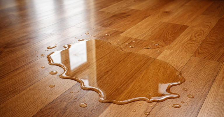 Hier entsteht ein Wasserschaden am Parkett: stehende Pfütze